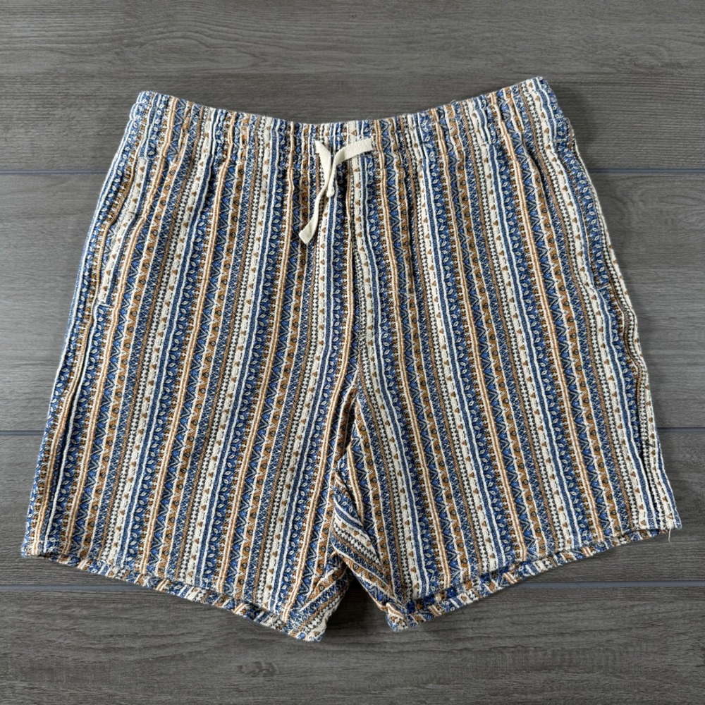 Rhythm Mens Blue Tan Geometric Stripe Cotton Drawstring Shorts Size 32
